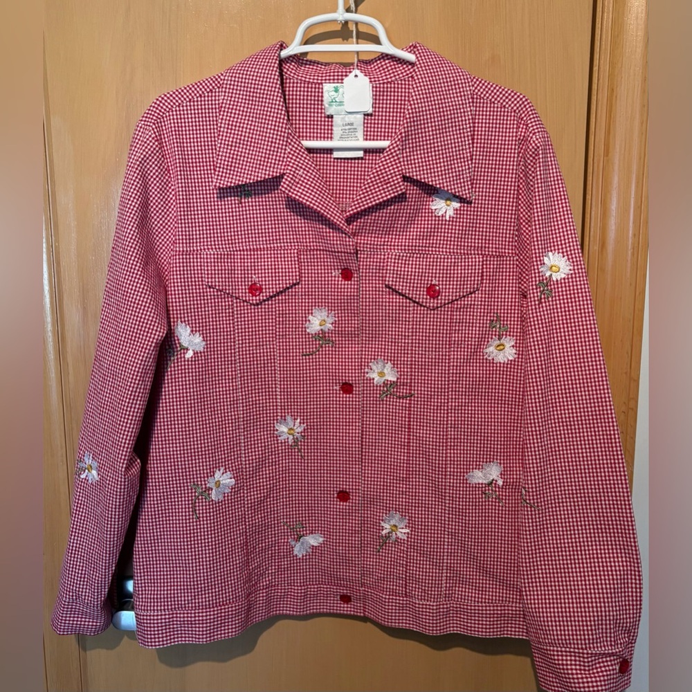 The Quacker Factory Red & White Gingham Embroidered Daisies Jacket Oversize L